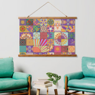 Retro 70er Patchwork Wall hanging Wandteppich Mit Holzrahmen