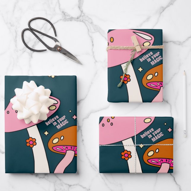 Retro 70er Pilze und Blume Navy Blue Geschenkpapier Set (Vorderseite)