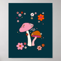 Retro 70er Pilze und Blume Navy Blue