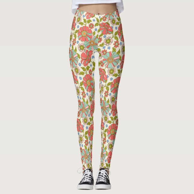 Retro 70er Pink Aqua Floral Leggings (Vorderseite)