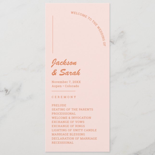 Retro 70er Pink und Orange Wedding Programm (Vorderseite)