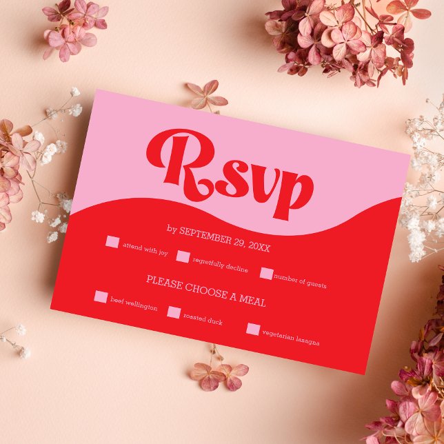 Retro 70er Pink und Red Neon Wedding RSVP Card (Von Creator hochgeladen)