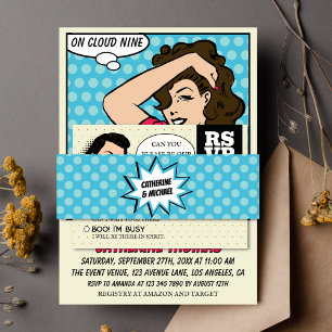 Retro 70er Pop Art Comic Book Wedding Blue Einladungsbanderole