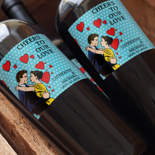 Retro 70er Pop Art Comic Romantische Fun Wedding Weinetikett
