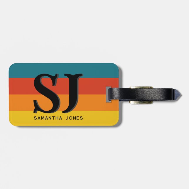 Retro 70er Rainbow Bold Stripes Initial Monogramm Gepäckanhänger (Rückseite horizontal)