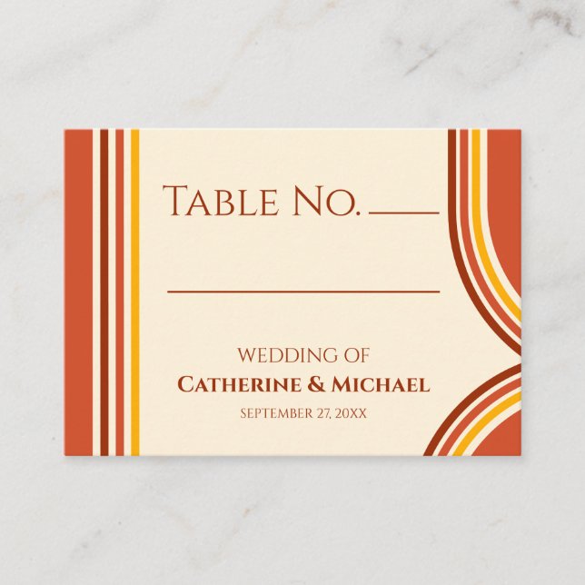 Retro 70er Rainbow Groovy Terracotta Orange Weddin Platzkarte (Vorderseite)