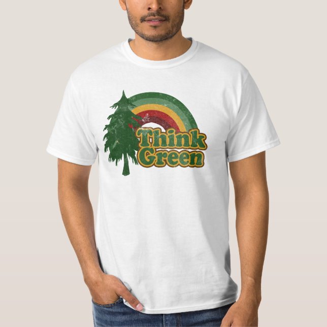Retro 70er Regenbogen, denke ökologisch T-Shirt (Vorderseite)