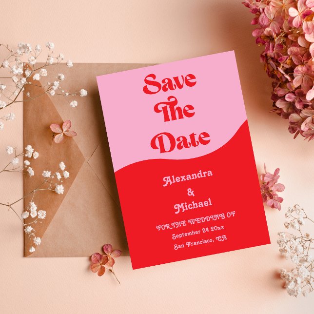 Retro 70er Rosa und Rote Neon Wedding speichern da Save The Date (Von Creator hochgeladen)