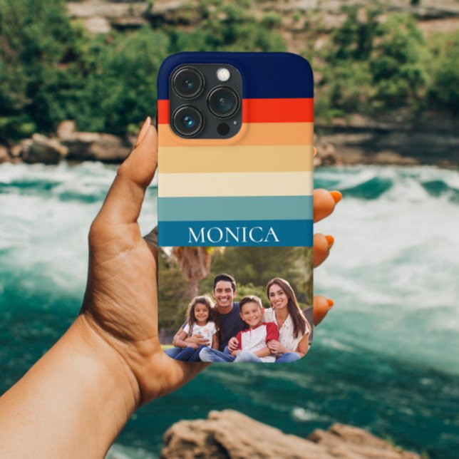 Retro 70er Stripes Foto Modernes Template Monogram Case-Mate iPhone Hülle (Von Creator hochgeladen)