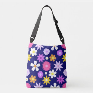 Retro 70er Style Blume Lg Muster auf dunkelblau Tragetaschen Mit Langen Trägern