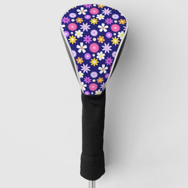 Retro 70er Style Blume Pattern auf Dunkelblau Golf Headcover (Vorderseite)