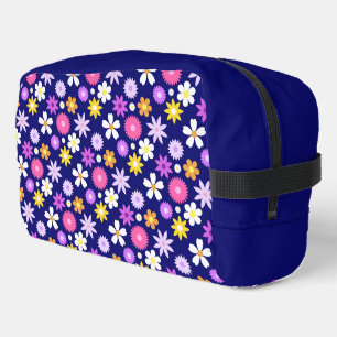 Retro 70er Style Blume Pattern auf Dunkelblau Waschbeutel