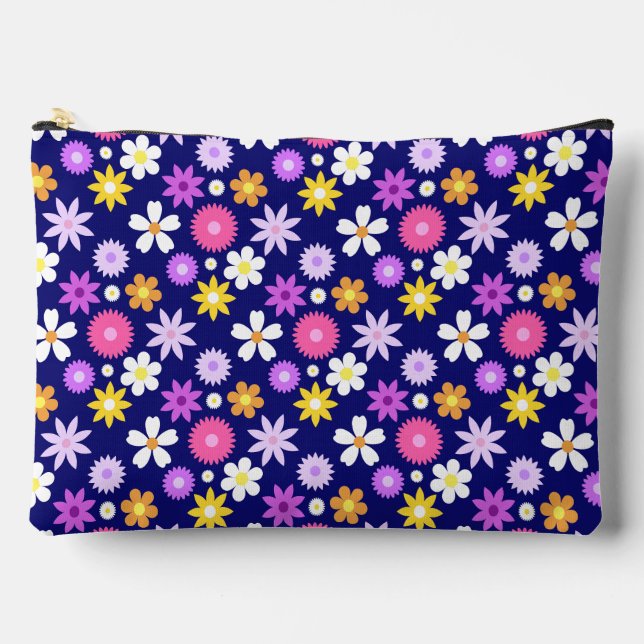 Retro 70er Style Blume Pattern auf Dunkelblau Zubehörtasche (Vorderseite)
