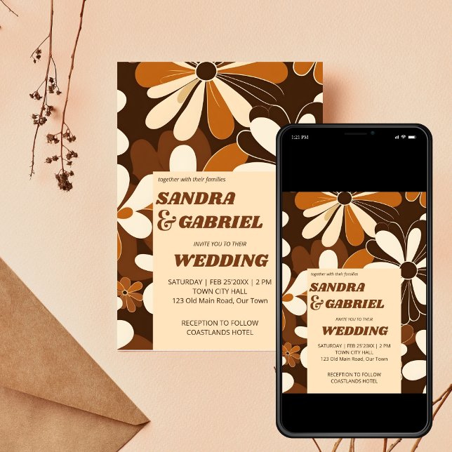 Retro 70er Terracotta Blume Hochzeitsplanung Einladung (Retro 70ies terracotta brown daisy flowers editable template wedding invitation digital download )