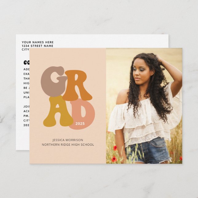 Retro 70er Vibe Foto Abschluss Postkarte (Vorne/Hinten)