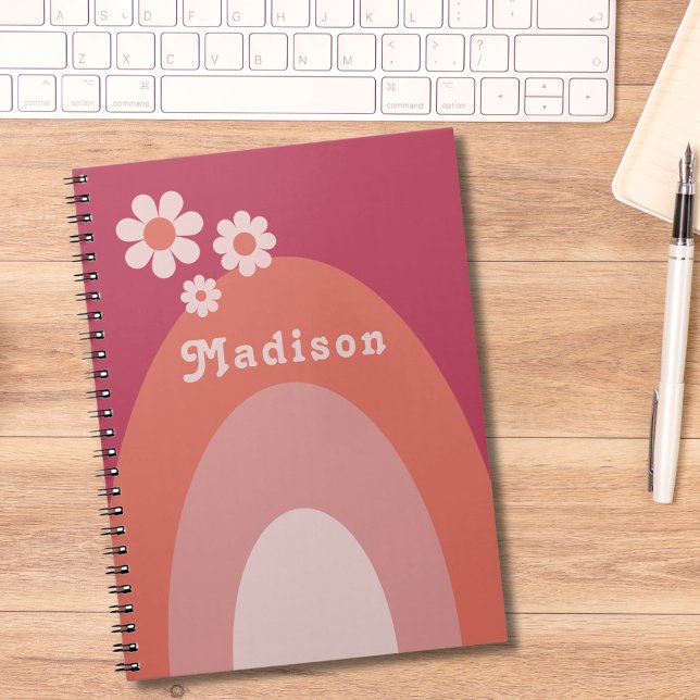 Retro 70er Vintager Personalisierter Name Notizblock (Retro vintage daisy arch peach orange and pink custom name notepad)