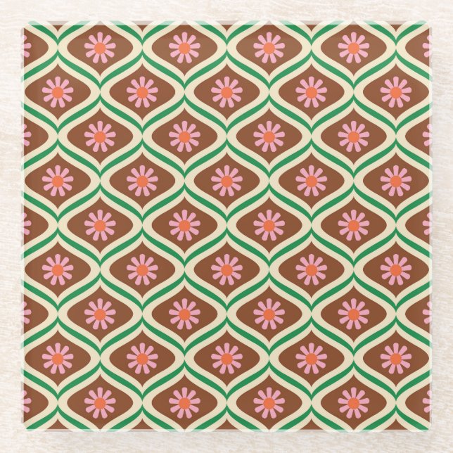 Retro-70er: Vintages Blumenmuster Glasuntersetzer (Vorderseite)