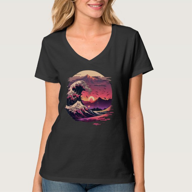 Retro 70s 80s Retrowave Great Wave Off Kanagawa Ja T-Shirt (Vorderseite)