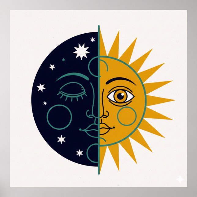 Retro 70s Celestial Sun Moon Split Face Art Print Poster (Vorne)