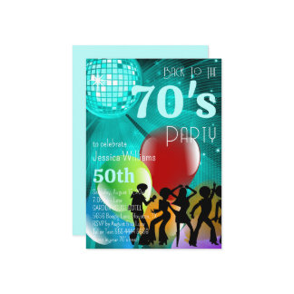 Retro 70's Disco Ball & Balloons Aquamarin Geburts Einladung