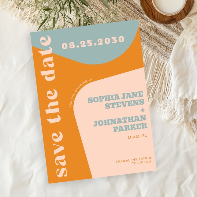 Retro 70s dusty blue orange pink wedding save the date (Von Creator hochgeladen)