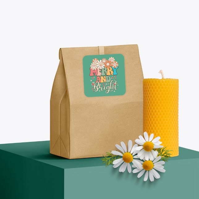 Retro 70's Merry and Bright Happy Blume Quadratischer Aufkleber (Von Creator hochgeladen)