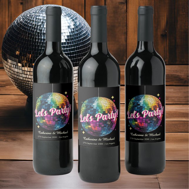 Retro 70's Party Disco Ball Sparkle Weinetikett (Front view retro 70s disco ball wedding country music retro vibes wedding fun nightlife wine label)