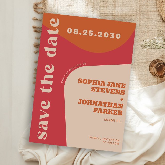 Retro 70s red orange beige wedding save the date (Von Creator hochgeladen)