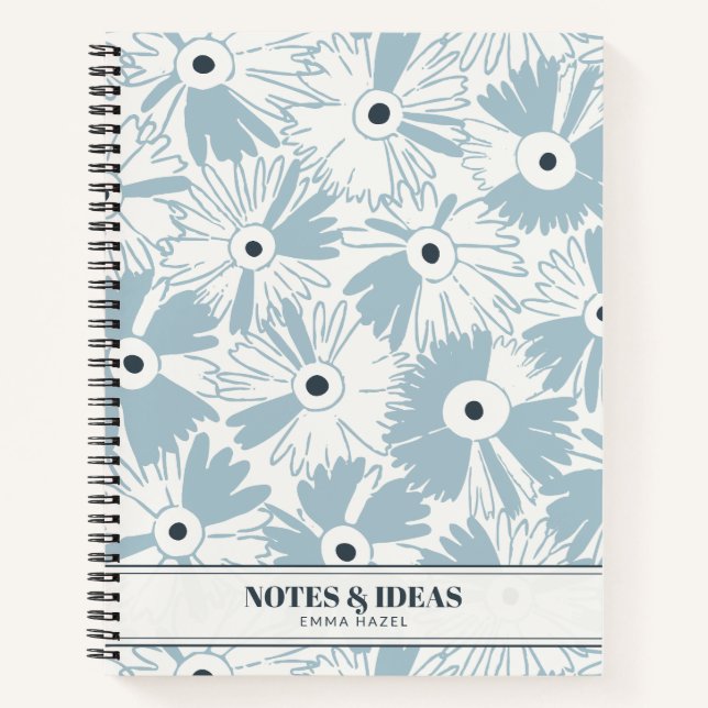 Retro 70s Wildflower & Polka Dot Personalized Blue Notizbuch (Vorderseite)