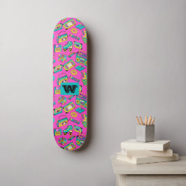 Retro 80er 90s Fun Colorful Tech Neon Pink Monogra Skateboard