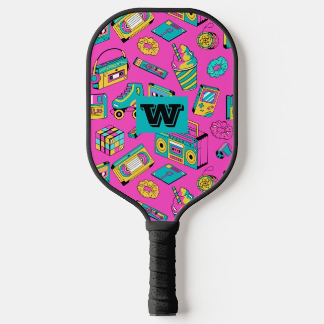 Retro 80er 90s Neon Pink Farbiges Muster Monogramm Pickleball Schläger (Vorderseite)