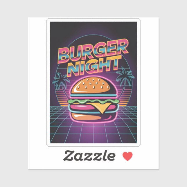 Retro 80er Burger Night Neon Synthwave Palmen Aufkleber (Blatt)