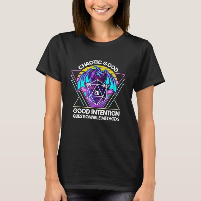 Retro 80er Chaotic Good Alignment Dragon D20 Gamer T-Shirt (Vorderseite)