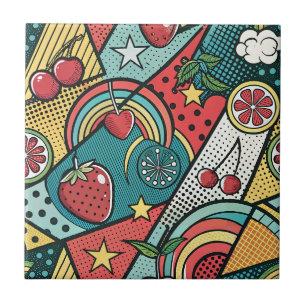 Retro-80er-Erdbeer-Pop-Art-Comicbook-Muster Fliese
