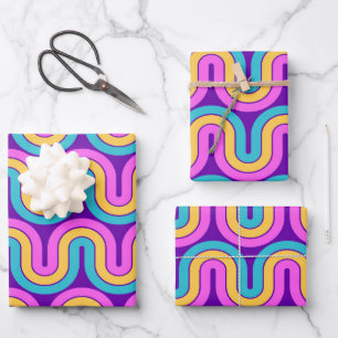 Retro 80er Geometric Gradient Wave Design Geschenkpapier Set
