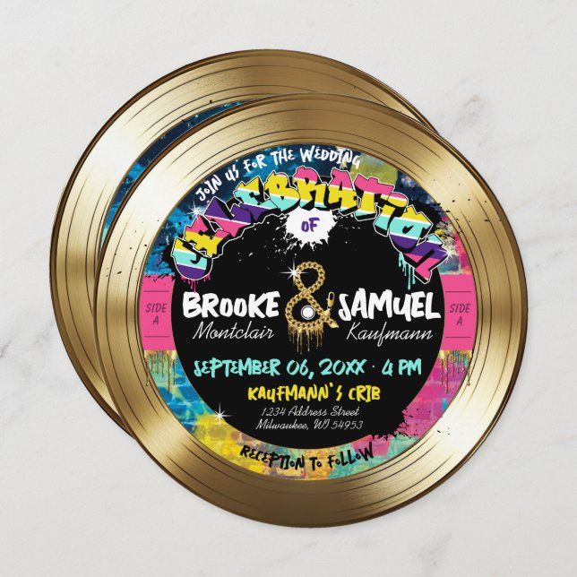 Retro 80er Jahre Hip Hop Foto Gold Record Wedding Einladung (Vorne/Hinten)