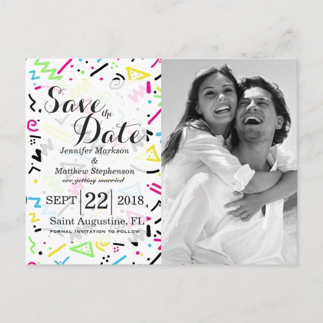 Retro 80er Jahre Neon Pink Green Blue Yellow Doodl Ankündigungspostkarte (Vorderseite)