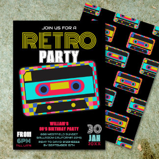 Retro 80er Neon Cassette Tape Birthday Dance Party Einladung