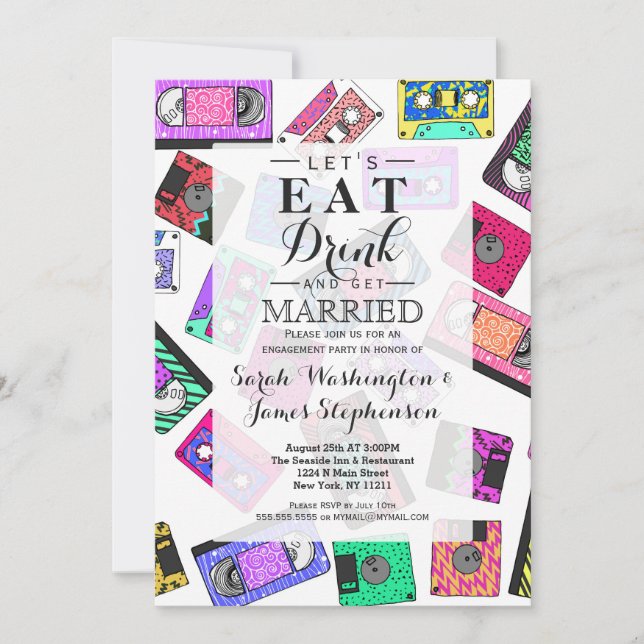 Retro 80er Neon-Gemusterte Kassetten Einladung (Vorderseite)