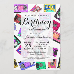 Retro 80er Neon-Gemusterte Kassetten Einladung