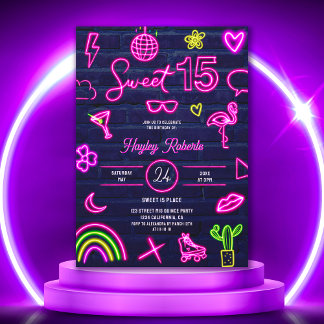 Retro 80er Neon Laser Glühen Sweet 15 navy Blue Ba Einladung