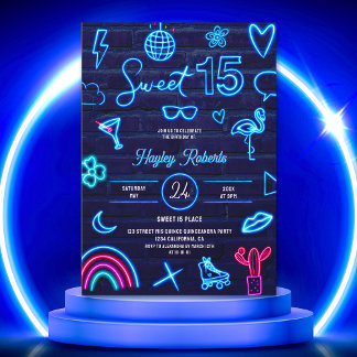 Retro 80er Neon Laser Glühen Sweet 15 navy Blue Ba Einladung