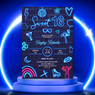 Retro 80er Neon Laser Glühen Sweet 16 navy Blue Ba Einladung