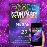 Retro 80er Neon leuchten im dunklen Sweet 16 Party Einladung<br><div class="desc">Trendy Neon Glühen im dunklen 80er Retro-Stil pink blau neo lebendige bunten 16 . Geburtstag Party Einladung.</div>