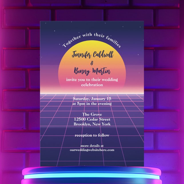 Retro 80er Neon Lila Synthwave Sunset Wedding Einladung (Von Creator hochgeladen)