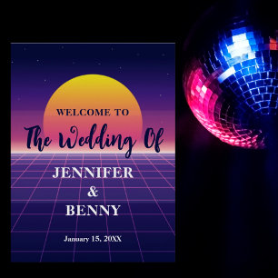 Retro 80er Neon Lila Synthwave Sunset Wedding Poster