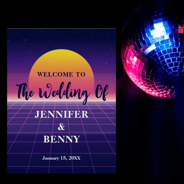 Retro 80er Neon Lila Synthwave Sunset Wedding Poster (Von Creator hochgeladen)