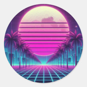 Retro, 80er Neon Mond/Palmen Runder Aufkleber