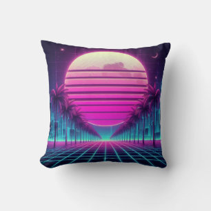 Retro, 80er Neon Mond/Palmen/Sonnenuntergang Kissen