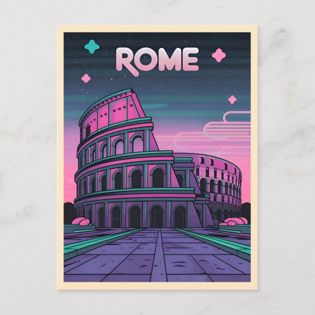Retro 80er Neon Synthwave Colosseum Rome Postkarte (Vorderseite)